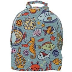 Cartoon Underwater Seamless Pattern With Crab Fish Seahorse Coral Marine Elements Mini Full Print Backpack