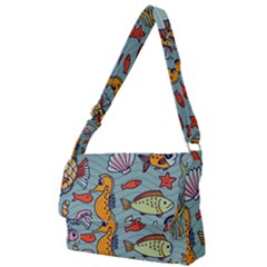 Cartoon Underwater Seamless Pattern With Crab Fish Seahorse Coral Marine Elements Full Print Messenger Bag (S)