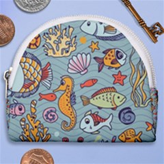 Cartoon Underwater Seamless Pattern With Crab Fish Seahorse Coral Marine Elements Horseshoe Style Canvas Pouch