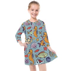 Cartoon Underwater Seamless Pattern With Crab Fish Seahorse Coral Marine Elements Kids  Quarter Sleeve Shirt Dress