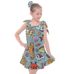 Cartoon Underwater Seamless Pattern With Crab Fish Seahorse Coral Marine Elements Kids  Tie Up Tunic Dress