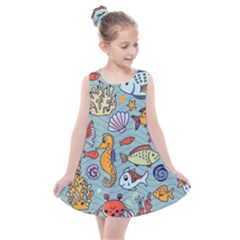 Cartoon Underwater Seamless Pattern With Crab Fish Seahorse Coral Marine Elements Kids  Summer Dress