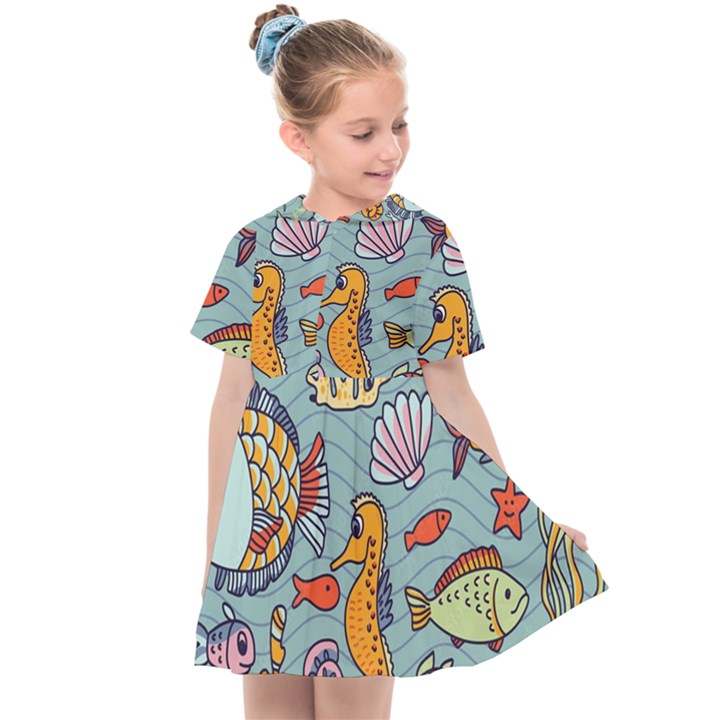 Cartoon Underwater Seamless Pattern With Crab Fish Seahorse Coral Marine Elements Kids  Sailor Dress