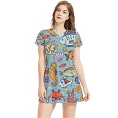 Cartoon Underwater Seamless Pattern With Crab Fish Seahorse Coral Marine Elements Women s Sports Skirt