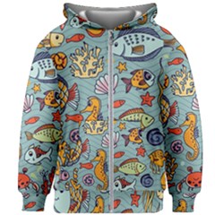 Cartoon Underwater Seamless Pattern With Crab Fish Seahorse Coral Marine Elements Kids  Zipper Hoodie Without Drawstring