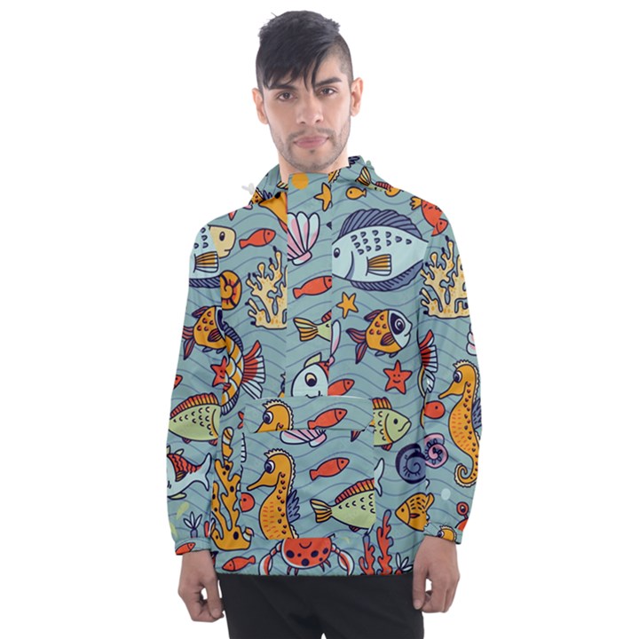 Cartoon Underwater Seamless Pattern With Crab Fish Seahorse Coral Marine Elements Men s Front Pocket Pullover Windbreaker