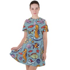 Cartoon Underwater Seamless Pattern With Crab Fish Seahorse Coral Marine Elements Short Sleeve Shoulder Cut Out Dress 