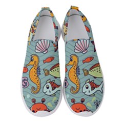 Cartoon Underwater Seamless Pattern With Crab Fish Seahorse Coral Marine Elements Women s Slip On Sneakers