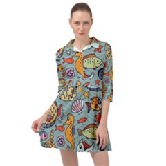 Cartoon Underwater Seamless Pattern With Crab Fish Seahorse Coral Marine Elements Mini Skater Shirt Dress