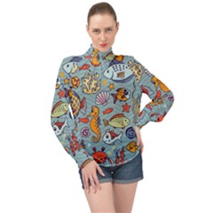 Cartoon Underwater Seamless Pattern With Crab Fish Seahorse Coral Marine Elements High Neck Long Sleeve Chiffon Top