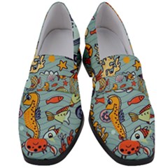 Cartoon Underwater Seamless Pattern With Crab Fish Seahorse Coral Marine Elements Women s Chunky Heel Loafers