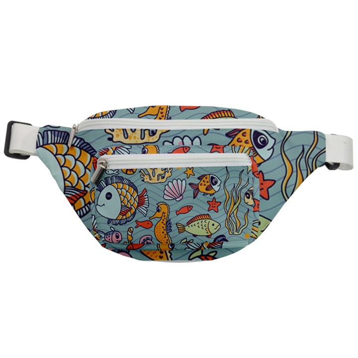 Cartoon Underwater Seamless Pattern With Crab Fish Seahorse Coral Marine Elements Fanny Pack