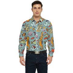 Cartoon Underwater Seamless Pattern With Crab Fish Seahorse Coral Marine Elements Men s Long Sleeve Pocket Shirt 