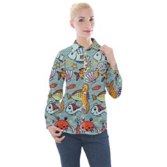 Cartoon Underwater Seamless Pattern With Crab Fish Seahorse Coral Marine Elements Women s Long Sleeve Pocket Shirt