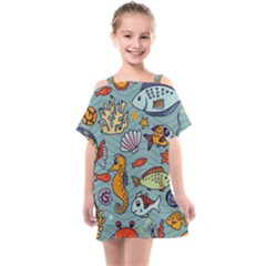 Cartoon Underwater Seamless Pattern With Crab Fish Seahorse Coral Marine Elements Kids  One Piece Chiffon Dress