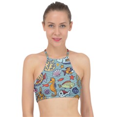 Cartoon Underwater Seamless Pattern With Crab Fish Seahorse Coral Marine Elements Halter Bikini Top