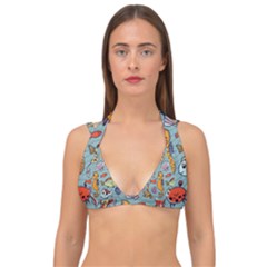 Cartoon Underwater Seamless Pattern With Crab Fish Seahorse Coral Marine Elements Double Strap Halter Bikini Top