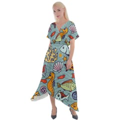 Cartoon Underwater Seamless Pattern With Crab Fish Seahorse Coral Marine Elements Cross Front Sharkbite Hem Maxi Dress