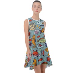 Cartoon Underwater Seamless Pattern With Crab Fish Seahorse Coral Marine Elements Frill Swing Dress