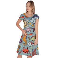 Cartoon Underwater Seamless Pattern With Crab Fish Seahorse Coral Marine Elements Classic Short Sleeve Dress