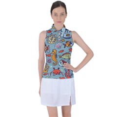 Cartoon Underwater Seamless Pattern With Crab Fish Seahorse Coral Marine Elements Women s Sleeveless Polo T-Shirt