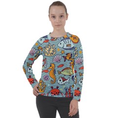 Cartoon Underwater Seamless Pattern With Crab Fish Seahorse Coral Marine Elements Women s Long Sleeve Raglan T-Shirt