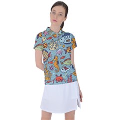 Cartoon Underwater Seamless Pattern With Crab Fish Seahorse Coral Marine Elements Women s Polo T-Shirt