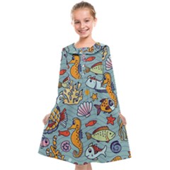 Cartoon Underwater Seamless Pattern With Crab Fish Seahorse Coral Marine Elements Kids  Midi Sailor Dress