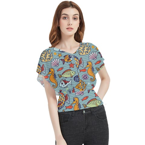 Cartoon Underwater Seamless Pattern With Crab Fish Seahorse Coral Marine Elements Butterfly Chiffon Blouse by uniart180623