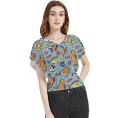 Cartoon Underwater Seamless Pattern With Crab Fish Seahorse Coral Marine Elements Butterfly Chiffon Blouse