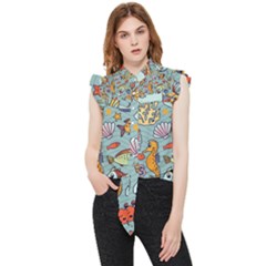 Cartoon Underwater Seamless Pattern With Crab Fish Seahorse Coral Marine Elements Frill Detail Shirt