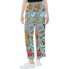 Cartoon Underwater Seamless Pattern With Crab Fish Seahorse Coral Marine Elements Women s Pants 