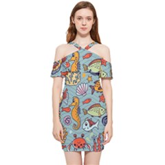 Cartoon Underwater Seamless Pattern With Crab Fish Seahorse Coral Marine Elements Shoulder Frill Bodycon Summer Dress