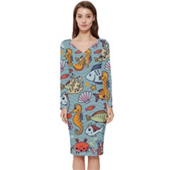 Cartoon Underwater Seamless Pattern With Crab Fish Seahorse Coral Marine Elements Long Sleeve V-neck Bodycon Dress  by uniart180623