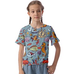 Cartoon Underwater Seamless Pattern With Crab Fish Seahorse Coral Marine Elements Kids  Cuff Sleeve Scrunch Bottom T-Shirt