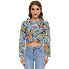 Cartoon Underwater Seamless Pattern With Crab Fish Seahorse Coral Marine Elements Women s Lightweight Cropped Hoodie