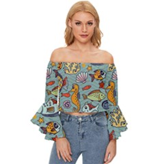 Cartoon Underwater Seamless Pattern With Crab Fish Seahorse Coral Marine Elements Off Shoulder Flutter Bell Sleeve Top