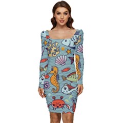 Cartoon Underwater Seamless Pattern With Crab Fish Seahorse Coral Marine Elements Women Long Sleeve Ruched Stretch Jersey Dress