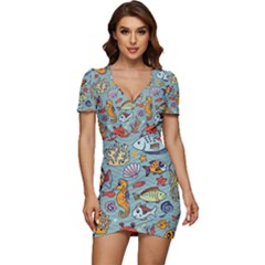 Cartoon Underwater Seamless Pattern With Crab Fish Seahorse Coral Marine Elements Low Cut Cap Sleeve Mini Dress