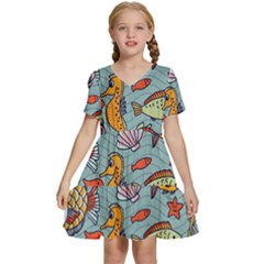 Cartoon Underwater Seamless Pattern With Crab Fish Seahorse Coral Marine Elements Kids  Short Sleeve Tiered Mini Dress