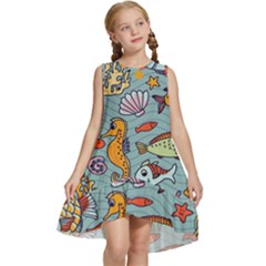 Cartoon Underwater Seamless Pattern With Crab Fish Seahorse Coral Marine Elements Kids  Frill Swing Dress