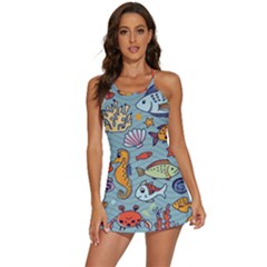 Cartoon Underwater Seamless Pattern With Crab Fish Seahorse Coral Marine Elements 2-in-1 Flare Activity Dress