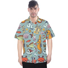 Cartoon Underwater Seamless Pattern With Crab Fish Seahorse Coral Marine Elements Men s Hawaii Shirt