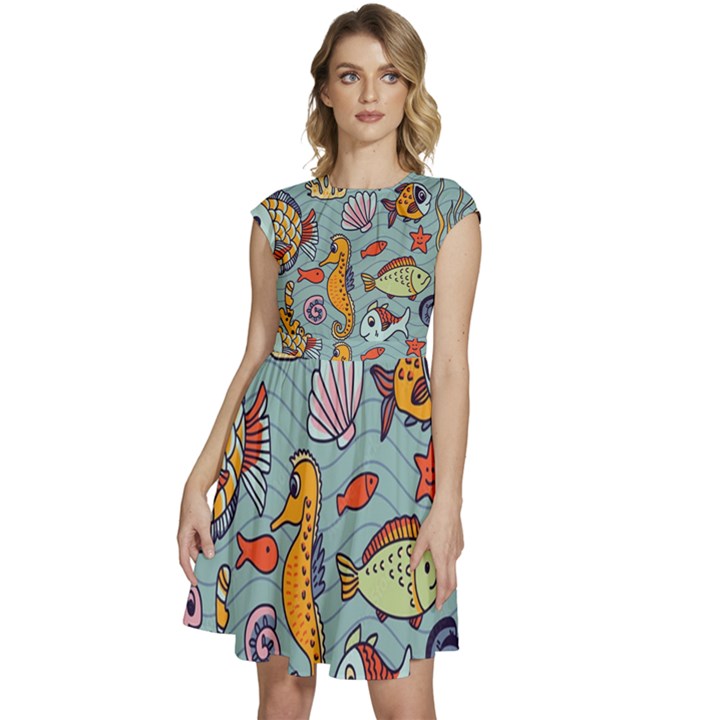 Cartoon Underwater Seamless Pattern With Crab Fish Seahorse Coral Marine Elements Cap Sleeve High Waist Dress