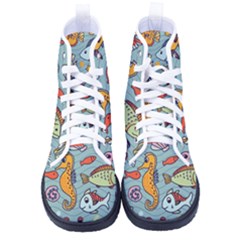 Cartoon Underwater Seamless Pattern With Crab Fish Seahorse Coral Marine Elements Women s High-Top Canvas Sneakers