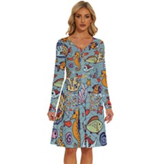 Cartoon Underwater Seamless Pattern With Crab Fish Seahorse Coral Marine Elements Long Sleeve Dress With Pocket