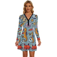 Cartoon Underwater Seamless Pattern With Crab Fish Seahorse Coral Marine Elements Long Sleeve Deep V Mini Dress 