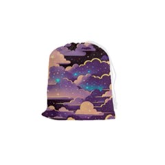 Fluffy Clouds Night Sky Drawstring Pouch (small) by uniart180623