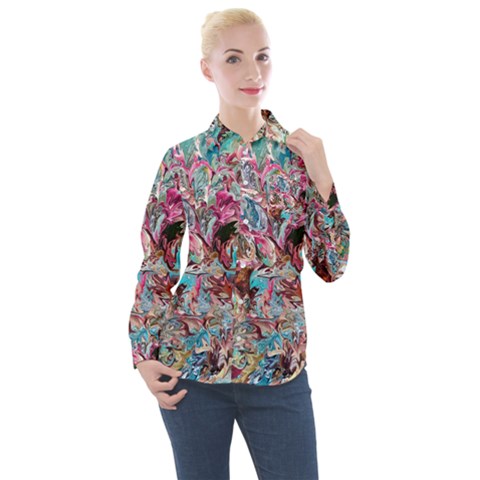 Pink Petals Blend Women s Long Sleeve Pocket Shirt by kaleidomarblingart