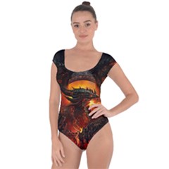 Dragon Art Fire Digital Fantasy Short Sleeve Leotard  by Bedest